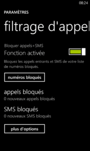 WP8 GRD2 Amber - Filtrage appel et sms