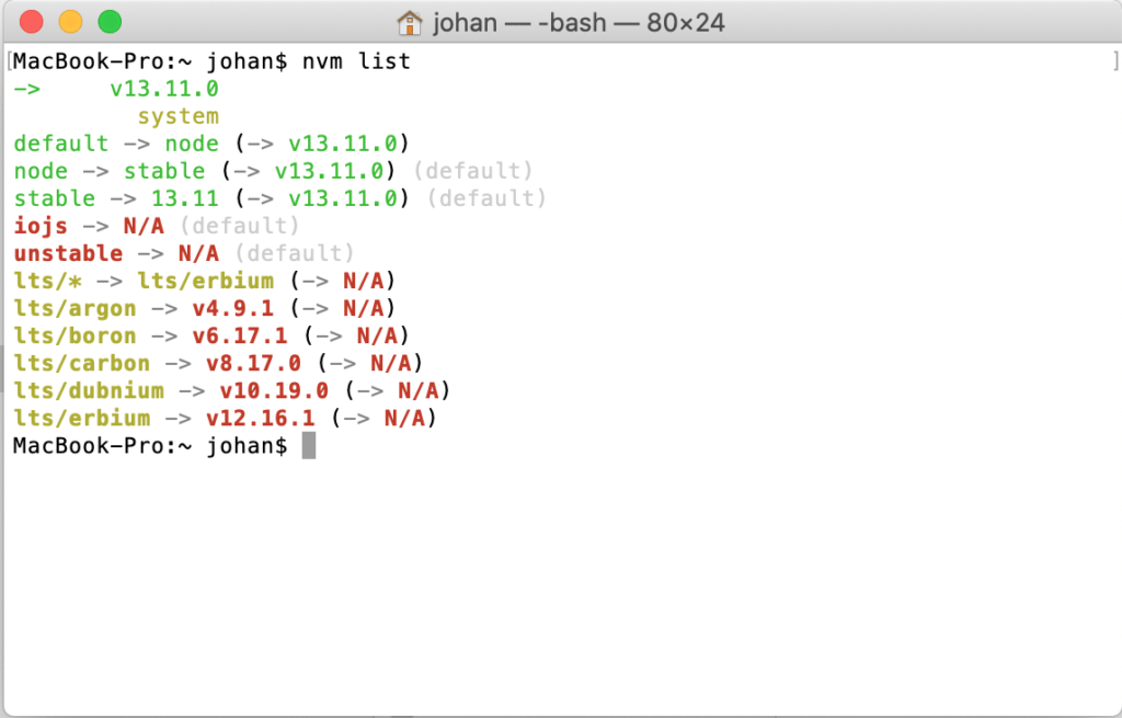 nvm list in terminal